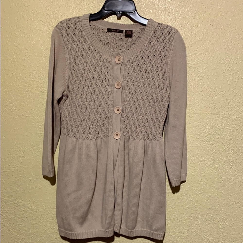 Heather B Sweater Cardigan Knit L Beige  Stretchy Cotton Buttons